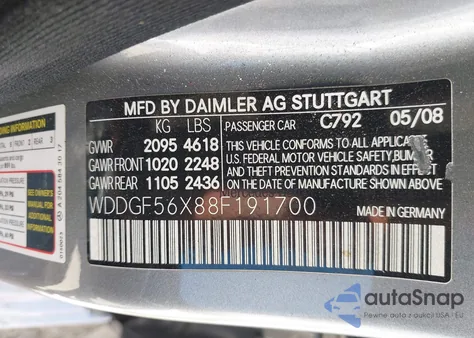 2008 Mercedes-Benz C 350 Sport z USA, uszkodzony, nr VIN WDDGF56X88F191700